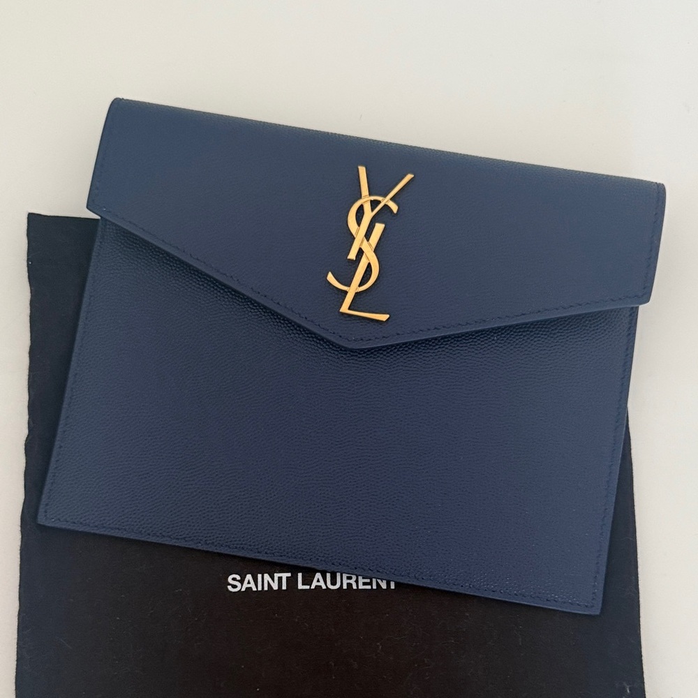 Saint Laurent Blue Clutch with Gold Logo